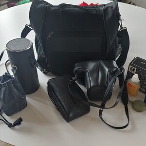 Olympus 10 OM Vintage Camera With leather Accessories and All